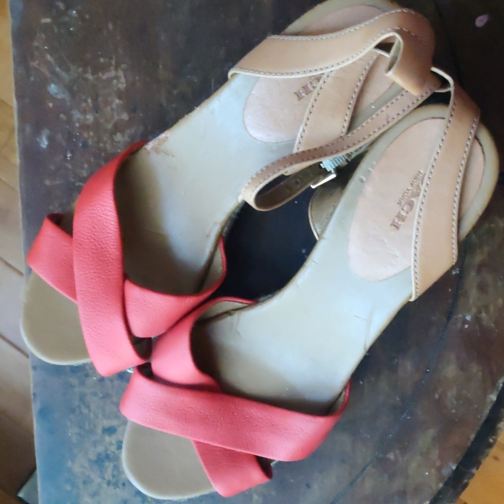 Red strappy wedge sandals